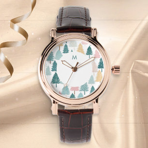 Modern Scandi Christmas Tree Pattern Monogram Watch