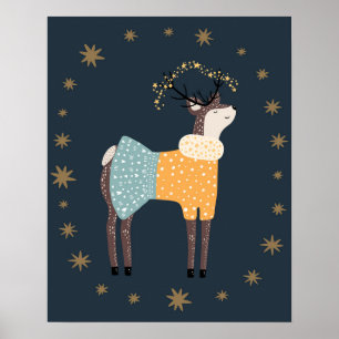Modern scandi deer and stars nursery poster