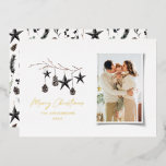 modern scandi elegant script Christmas photo Foil Holiday Card<br><div class="desc">real foil christmas card,  Black modern elegant rustic watercolor beige natural Scandinavian contemporary muted colours beige,  black and white photo holiday Christmas card.</div>