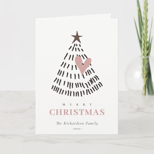 Modern Scandi Minimal Blush Heart Christmas Tree Holiday Card (Front)