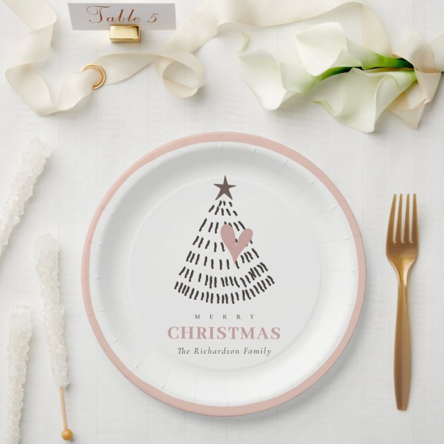 Modern Scandi Minimal Blush Heart Christmas Tree Paper Plate (Wedding)