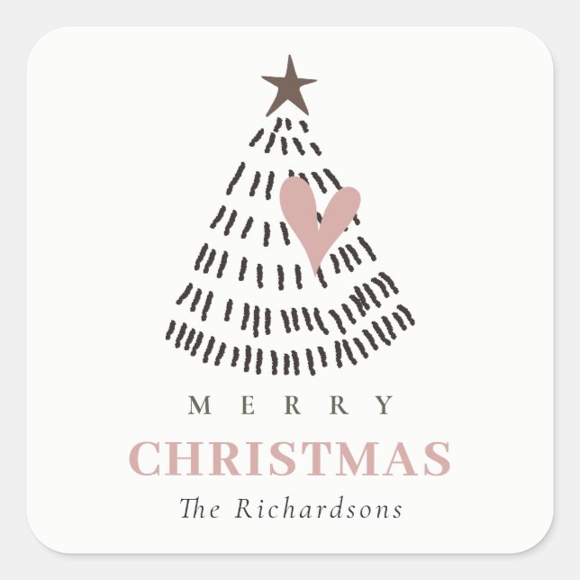 Modern Scandi Minimal Blush Heart Christmas Tree Square Sticker (Front)