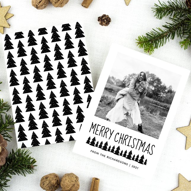 Modern Scandi Trees Black & White Merry Christmas Holiday Card (Creator Uploaded)