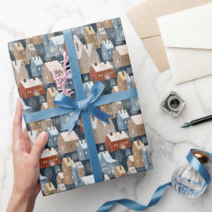 Modern Scandi Winter Town Houses Pattern Blue Red Wrapping Paper