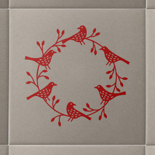 Modern Scandinavian Bird and Rosehip Wreath Tile