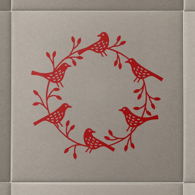 Modern Scandinavian Bird and Rosehip Wreath Tile (Red Scandinavian bird wreath ceramic tile)