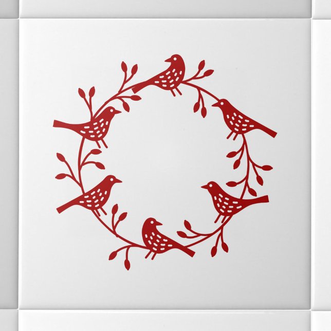 Modern Scandinavian Bird and Rosehip Wreath Tile (Scandinavian red and white bird wreath ceramic tile)