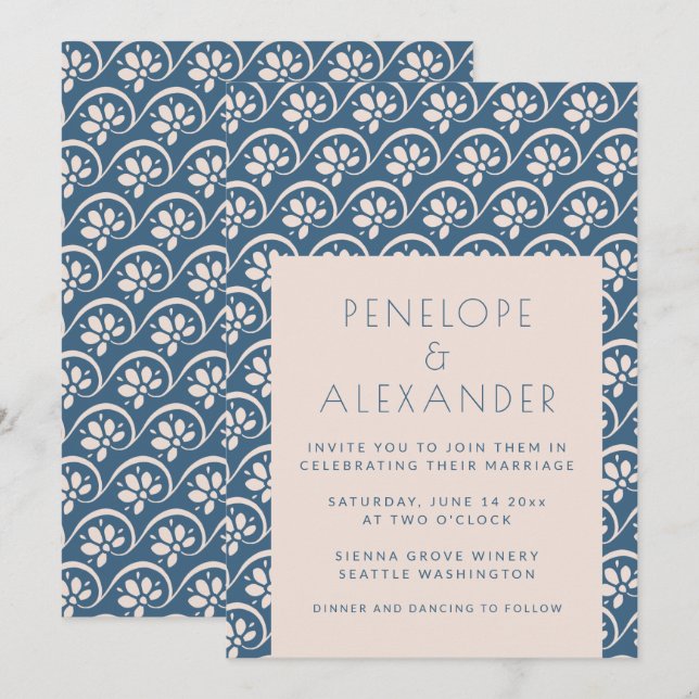 Modern Scandinavian Blue Floral Wedding Invitation (Front/Back)