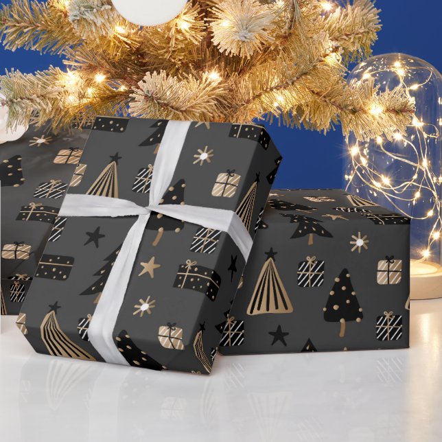 Modern Scandinavian Christmas Pattern Black Gold Wrapping Paper (Holidays)