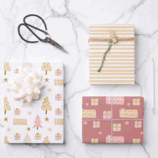 Modern Scandinavian Christmas Patterns Beige Pink Wrapping Paper Sheet (Front)