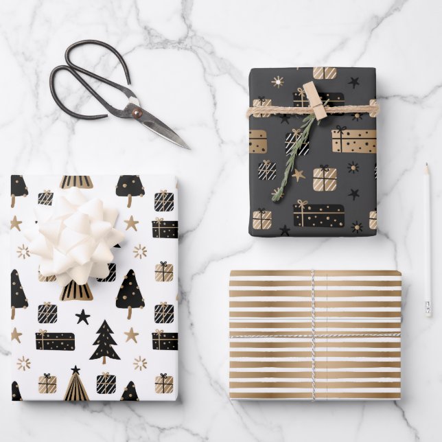 Modern Scandinavian Christmas Patterns Gold Black Wrapping Paper Sheet (Front)