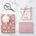 Modern Scandinavian Christmas Patterns Pink Beige Wrapping Paper Sheet<br><div class="desc">A set of three whimsical Scandinavian holiday patterns featuring Christmas trees,  wrapped presents,  stars and hand-painted stripes in pink,  beige and white.</div>