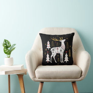 Modern Scandinavian Folk Art Christmas Reindeer Cushion