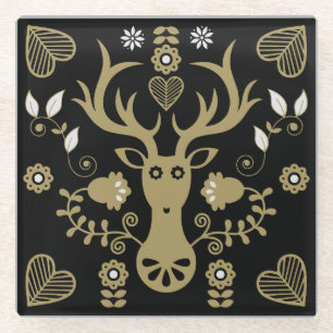 Modern Scandinavian Folk Art Deer Glass Coaster