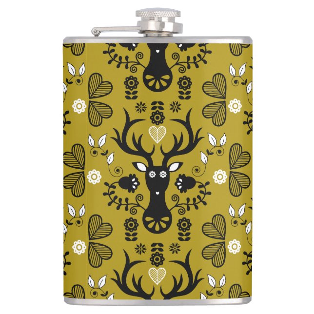 Modern Scandinavian Folk Art Deer Hip Flask (Front)