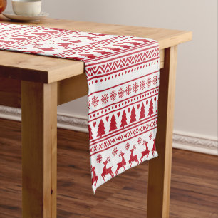 Modern Scandinavian Red & White Pattern Christmas Short Table Runner
