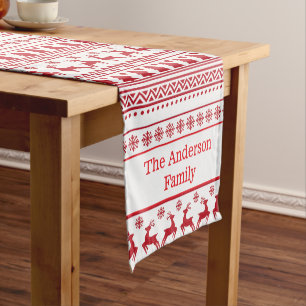 Modern Scandinavian Red & White Pattern Christmas Short Table Runner