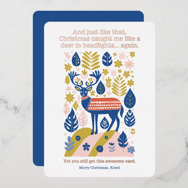 Modern Scandinavian Reindeer Christmas Rose Gold Foil Holiday Card (Front/Back)