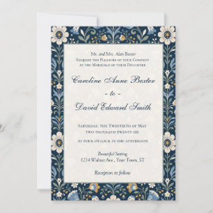 Modern Scandinavian Wildflowers on Navy Blue Invitation