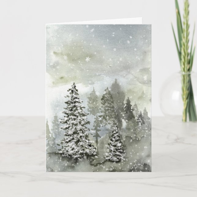 Modern Scenic Forest Snowy Christmas Tree Holiday Card (Front)