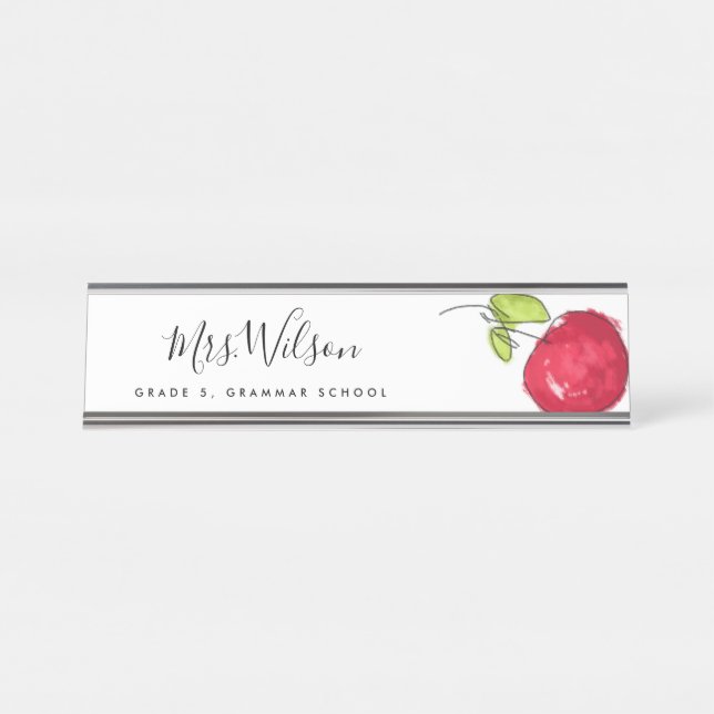 MODERN SCHOOL TEACHER OIL PAINT HAND DRAWN APPLE DESK NAME PLATE (Front)