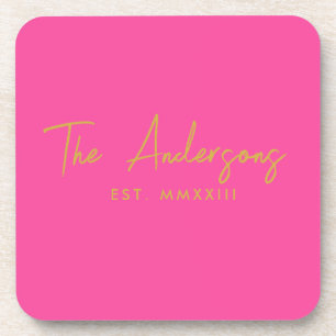 Modern Scipt Hot Pink Newlyweds Established Date Coaster