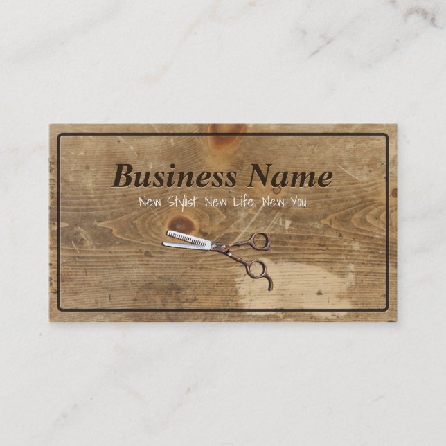 Modern Scissor & Wood Hair Stylist Salon Business Card (Front)