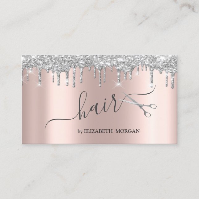 Modern Scissors Silver Glitter Drips Rose Gold Business Card (Front)