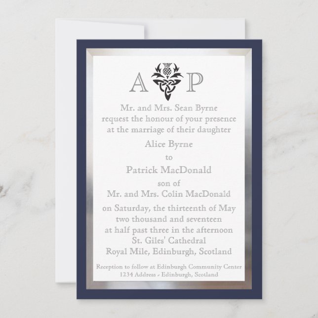 Modern Scottish Celtic Wedding Invitation - Navy (Front)