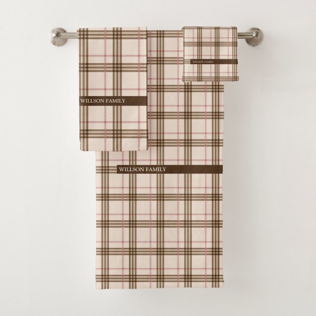 Modern Scottish plaid tartan beige brown red Bath Towel Set (Insitu)