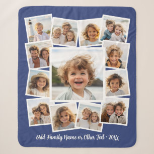 Modern Scrapbook 13 Photo Collage Blue White Text Sherpa Blanket