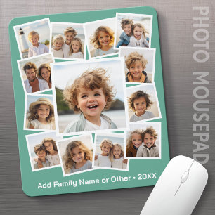 Modern Scrapbook 13 Photo Collage Green White Text Mouse Mat