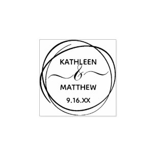 Modern Scribble Circle Names Date Wedding Rubber Stamp