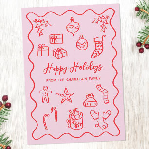 Modern Scribble Illustration Doodle Pink and Red Holiday Card
