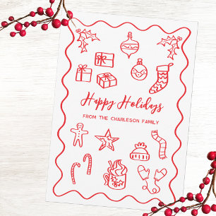 Modern Scribble Illustration Doodle Red and White Holiday Card