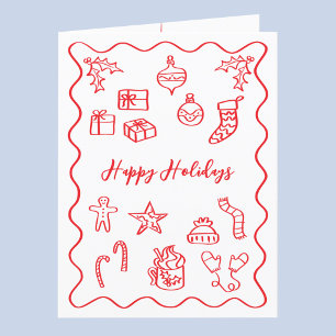 Modern Scribble Illustration Doodle Red and White Holiday Card