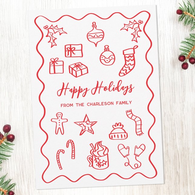 Modern Scribble Illustration Doodle Red and White Holiday Card (Fun hand drawn scribble doodle red and white personalized custom text Christmas holiday card)