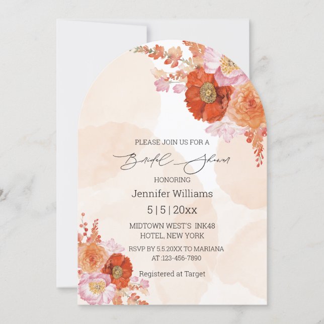  modern scrip orange flowers bridal shower arch invitation (Front)