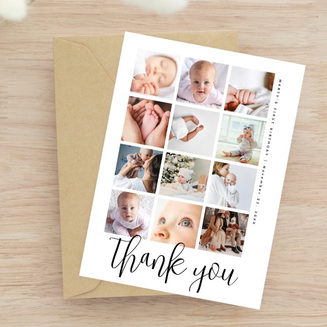 Modern Script 12 Photo Collage First Birthday Postcard (Creator Uploaded)