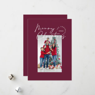 Modern script 1 photo burgundy Merry Christmas Holiday Card