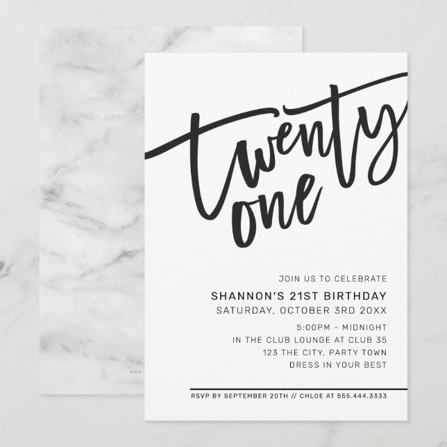 MODERN SCRIPT 21st birthday party black white Invitation (Front/Back)