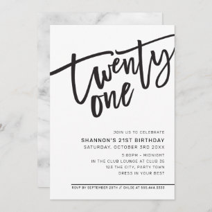 MODERN SCRIPT 21st birthday party black white Invitation