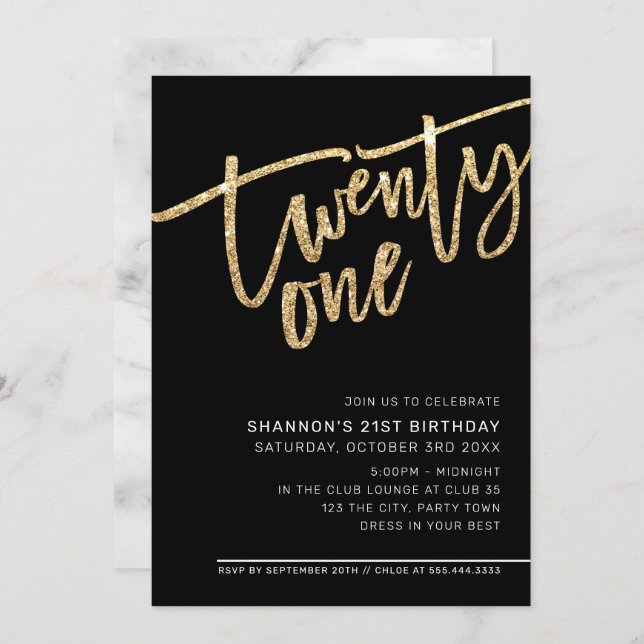 MODERN SCRIPT 21st party gold glitter black Invitation (Front/Back)
