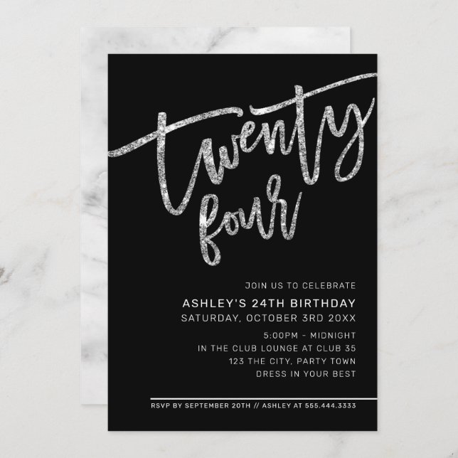 MODERN SCRIPT 24th birthday black silver glitter Invitation (Front/Back)