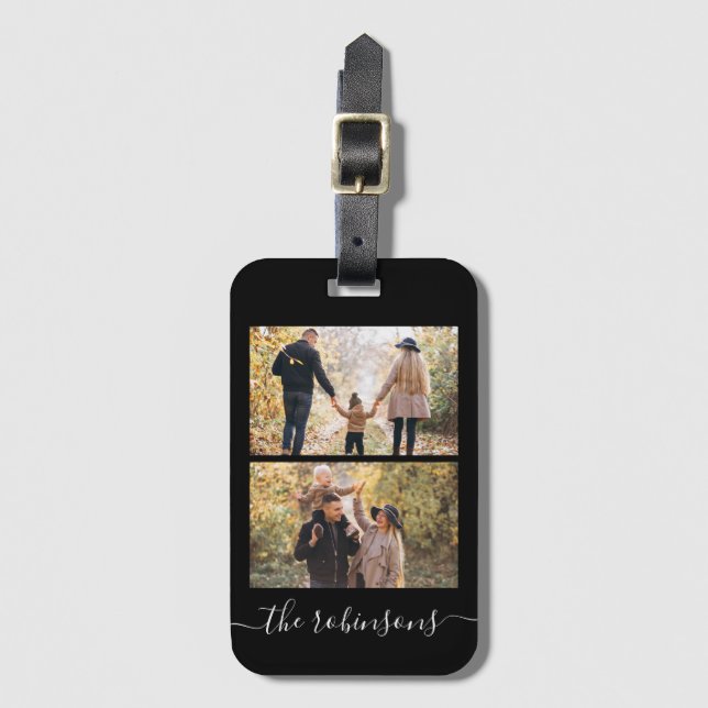 Modern Script 2 Photo Collage Luggage Tag (Front Vertical)