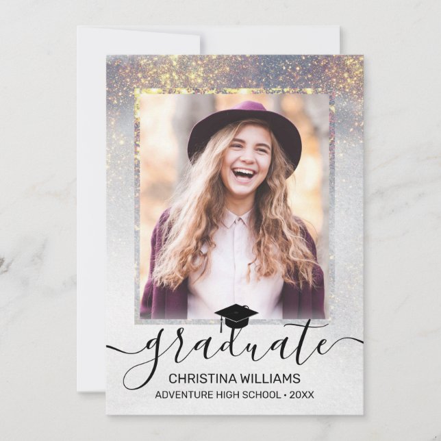 Modern Script 2 Photo Gold Glitter Graduation Anno Announcement (Front)