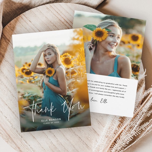 Modern Script 2 Photo Graduation Thank You Card (Creator Uploaded)