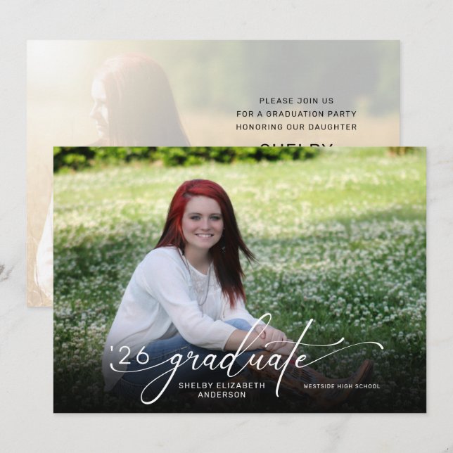 Modern Script 2 Photo Horizontal Graduation Invitation (Front/Back)
