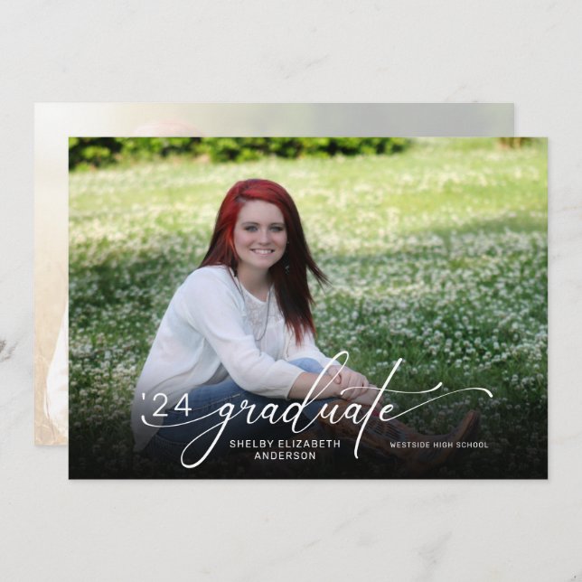 Modern Script 2 Photo Horizontal Graduation Invitation (Front/Back)