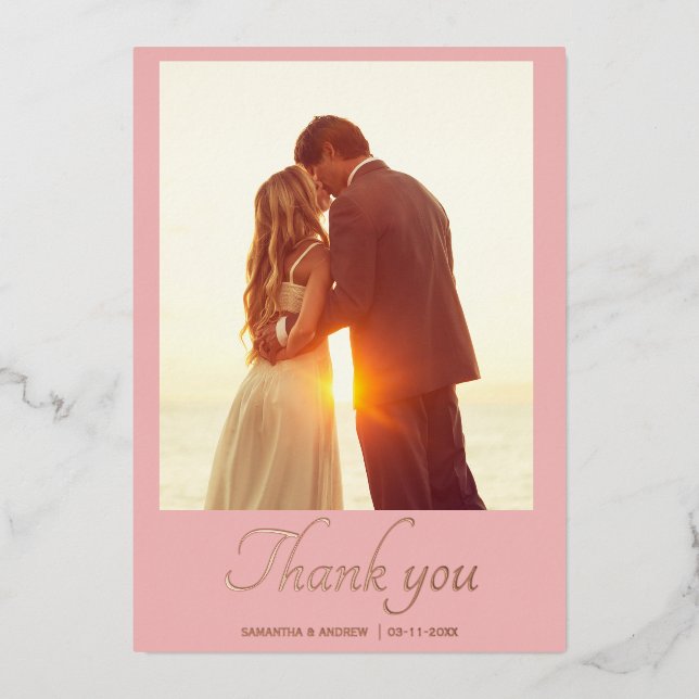 Modern script 2 photo wedding thank you card (Front)